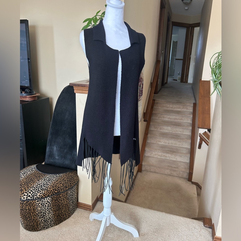 Paraphrase Black Knit Long Vest with fringe